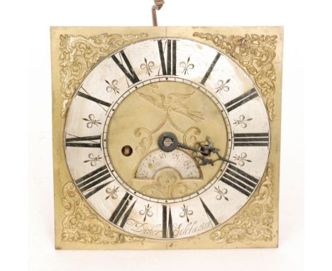 A thirty hour brass longcase clock movement with silvered chapter ring inscribed F Dicker Silchester, the engraved centre wit