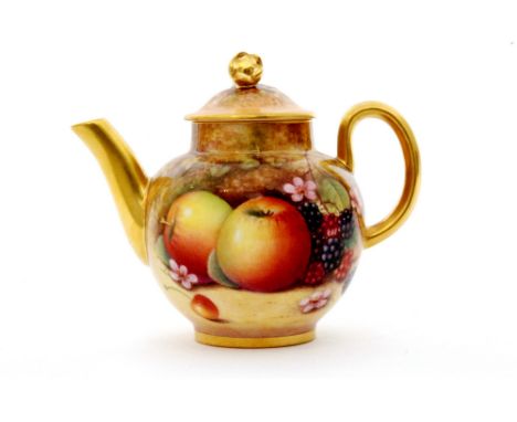 A later 20th Century Royal Worcester Fallen Fruits miniature teapot decorated by P. Platt with hand painted apples and blackb