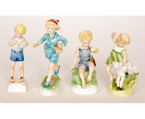 Four small Royal Worcester Freda Doughty figures comprising Teatime, Springtime, Hometime and Old Friends, all with black pri