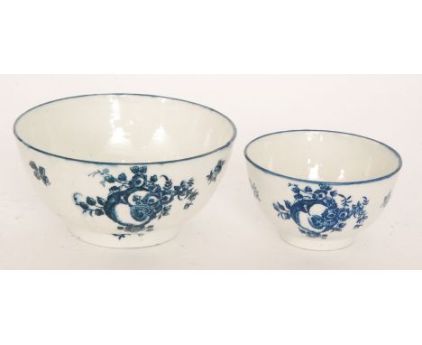 Two late 18th Century Caughley blue and white footed bowls each decorated in the underglaze Sliced Apple and Apple and Damson