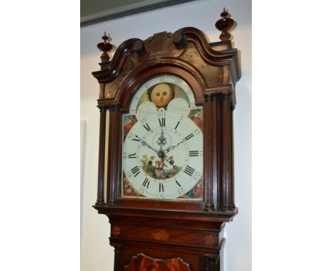 A 19th Century inlaid mahogany longcase clock by Macdonald Liverpool with eight day striking movement painted dial and moon p