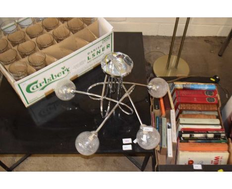 A contemporary five branch ceiling light with glass shades