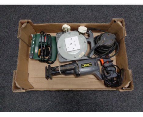 A basket of power tools - Kinzo reciprocating saw, Bosch staple gun, sander and extension lead 