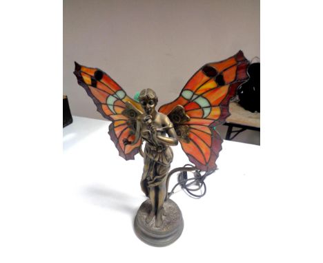 An Art Deco style figural table lamp of a lady with leaded glass wings 