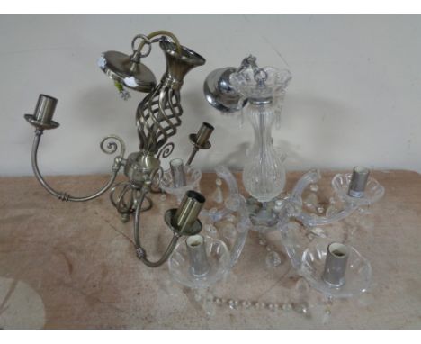 A box containing a glass five way chandelier with drops together with a further metal three way light fitting  