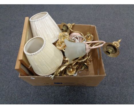 A box containing table lamps, metal light fittings, lady's leather bag, costume jewellery etc  