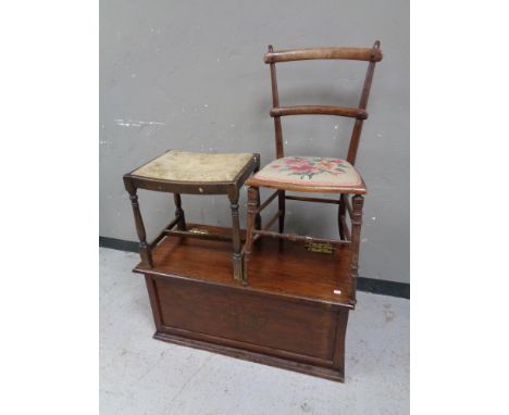 An Edwardian tapestry seated bedroom chair together with a blanket box and a footstool 