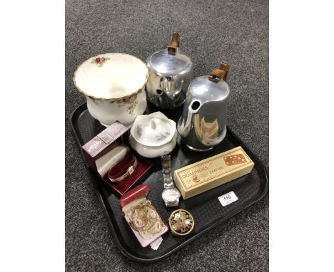 A tray containing miscellaneous to include boxed lady's rotary wristwatch, small quantity of costume jewellery, boxed dominoe
