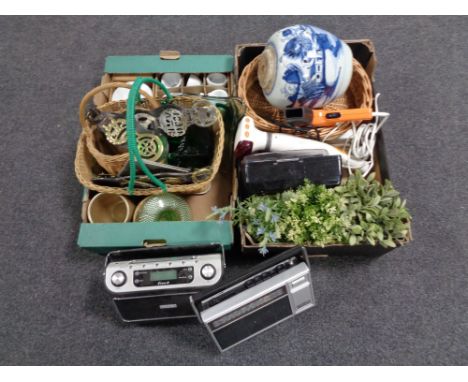 Two boxes of wicker baskets, Chinese glazed blue and white lamp base, radios, horse brasses etc 