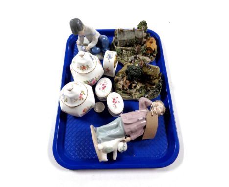 A tray of two Nao figures, cottage ornaments, Aynsley cabinet china 
