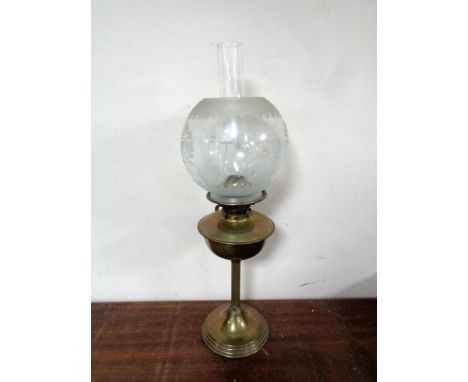 A copper wooden handled bed warming pan together with a Duplex brass oil lamp with glass chimney and shade  