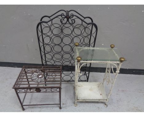 A 19th century painted metal stick stand together with a metal wine rack and stool 