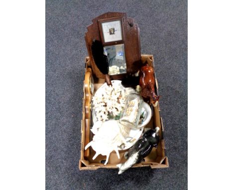 A box of coral and shell ornaments, barometer, horse figures etc 