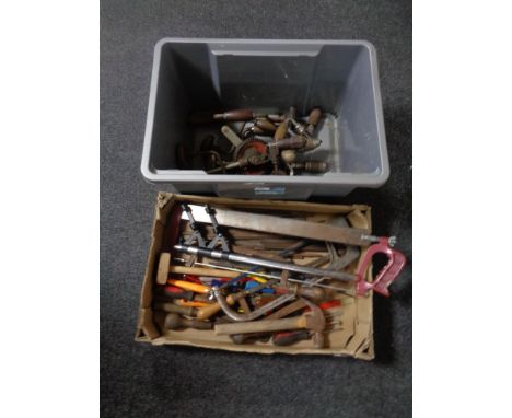 Two boxes of braces, rotary drills, saws, files, screwdrivers etc 
