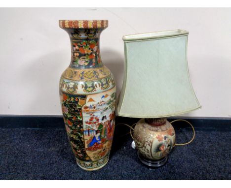 A Japanese style vase depicting Geisha, height 60cm, and a similar table lamp with shade 