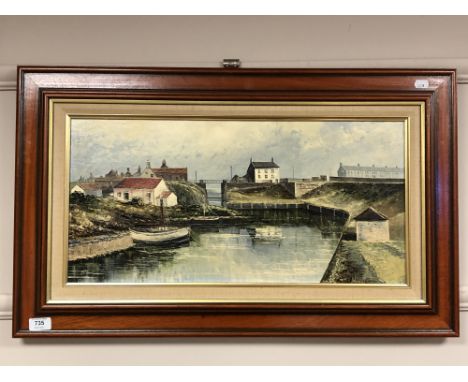 Dallas K Taylor : Seaton Sluice, oil on board, 60 cm x 29 cm, framed