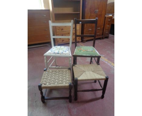 Two tapestry seated bedroom chairs together with two further rush seated stools 