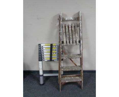 A telescopic ladder and a set of folding wooden steps 