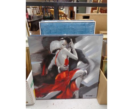 Six wall canvases to include a Bree Mertyn abstract seascape, Latin dancers etc  