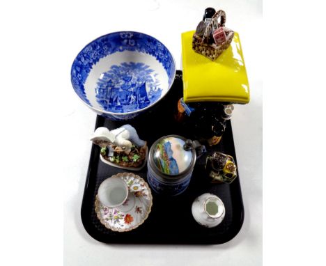 A tray containing boxed Ringtons limited edition tea merchant teapot, No. 105 of 17500, Royal Worcester figure, Saturday's Ch