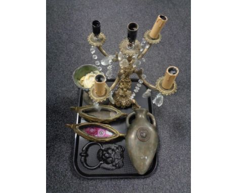 A tray containing a contemporary pottery vase together with antique and later metal wares to include a brass four way table l