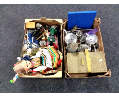 Two boxes containing miscellaneous to include oil lamp, dolls, mid 20th century sewing box and contents, stainless steel tea 