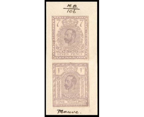 1910 7d &amp; 1s Hentschel colour essays. Two very fine examples printed in dull pale mauve, mounted together on a small piec