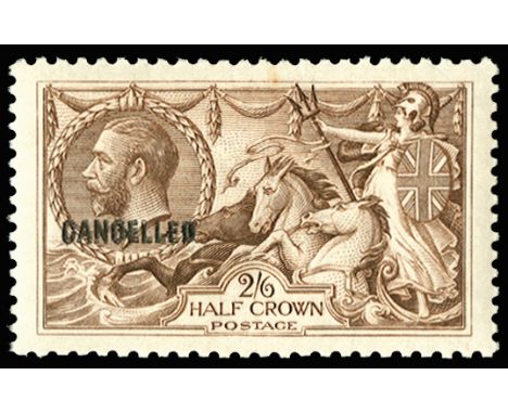 1918 2s6d Chocolate brown. Very fine unmounted o.g. example printed by Bradbury Wilkinson, overprinted "CANCELLED" type 33. V