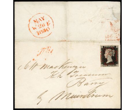 1840 1d black Plate 1a (DF) four good margins, on ‘May date’ entire letter, from Edinburgh to Barry, struck crisp red MC, wit