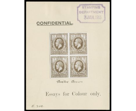 1913 7d Eve's Wreath design colour essays. Very fine ungummed imperforate block of four essays (Fig 30a) in bistre brown on w