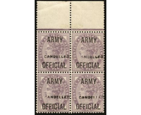1896 1d Lilac (Die II, Army Official). Superb unmounted o.g. top marginal block of four overprinted "CANCELLED" type 18. A ma