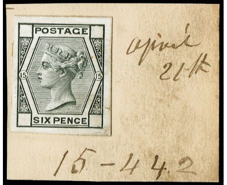 1874 6d Die proof Pl.15. Very fine cut to size example printed in black on white glazed card with void corner squares, mounte