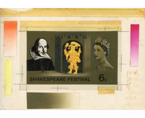 1964 Shakespeare Festival 6d yellow, orange, black, and yellow-olive composite essay, designed by David Gentleman, on card (2