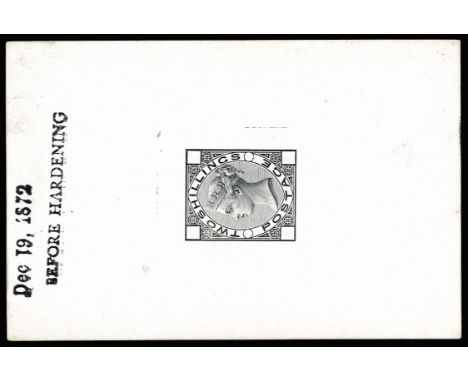 1872 2s Die proof. Very fine example printed in black on white glazed card (60 x 92mm), endorsed "BEFORE HARDENING" and dated