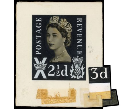Scotland Regional Definitive: c. 1958 composite essay for the 3d design, hand-painted in black and white with the portrait af