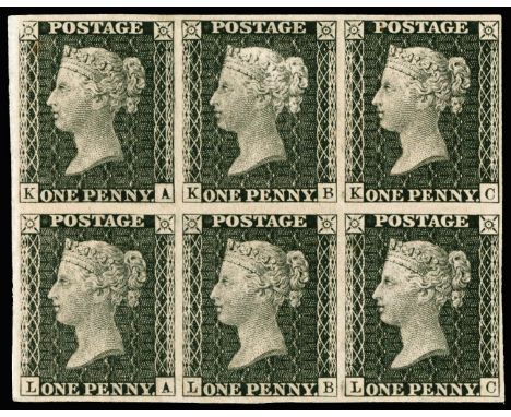 1872 1d Black South Kensington Exhibition proof Pl.27. Superb unused imperforate block of six lettered KA-LC, printed on thic