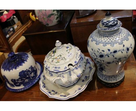 A Continental pottery tureen with ladle, together with an Oriental ginger jar &amp; cover, and blue &amp; white rose decorate