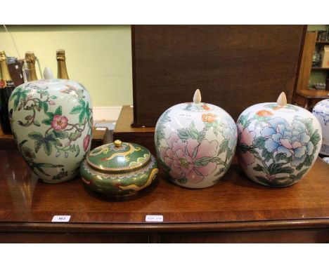 Four Oriental design lidded vessels to include ceramic &amp; cloisonné