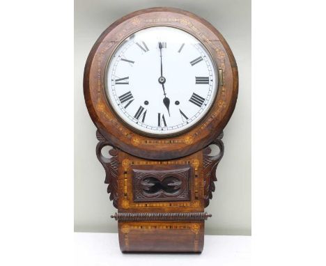 A 19th century walnut veneer wall clock, with carved &amp; inlaid decoration, 8-day movement, 29cm dial with Roman numerals, 