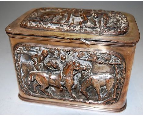 A Continental late 19th century silver plated hinge-top tea caddy, having raised panel scenes depicting horses within a lands