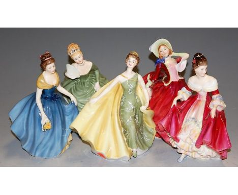 Five Royal Doulton ceramic figures to include Southern Belle HN2229, Autumn Breezes, Soiree HN2312, Alexandra HN2398, and Mel