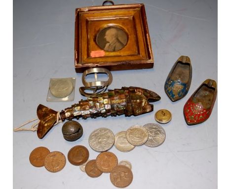 A mixed lot to include a mother-of-pearl articulated fish, various coinage, miniature portrait print, etc