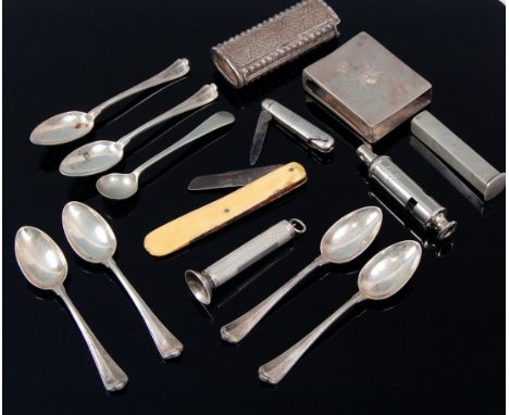 Mixed lot, to include; white metal matchbox case, continental 800 silver teapsoons, filigree worked cigarette lighter sleeve,