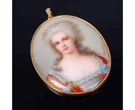 A continental porcelain portrait miniature in yellow metal pendant mount, 5.5 x 4cm