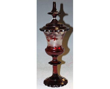 A circa 1900 Bohemian ruby glass wheel engraved pedestal cup and cover, height 34.5cm   Condition Report / Extra Information 