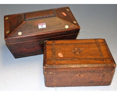 A William IV rosewood and mother of pearl inlaid sarcophagus shaped tea caddy with unfitted interior, together with an inlaid