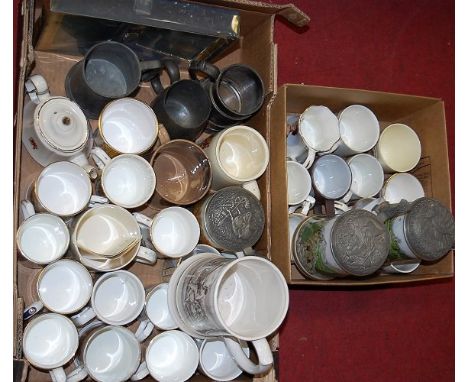 Two boxes of mixed effects to include various ceramic and pewter drinking tankards