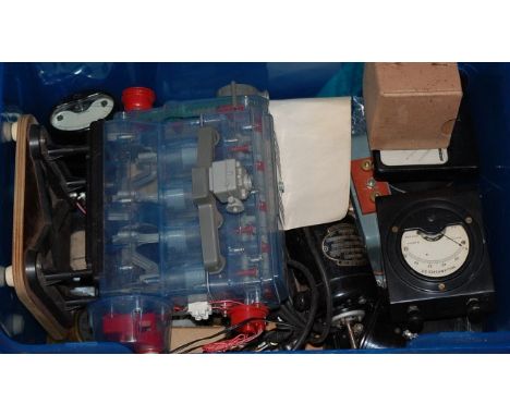 A quantity of various vault meters and scientific equipment to include a model of a 4 stroke engine
