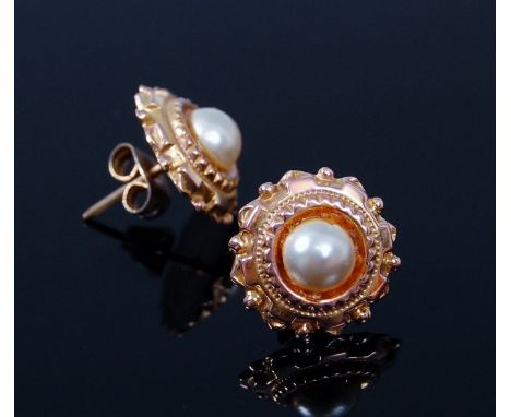 A pair of hollow 9ct gold and cultured pearl set ear studs, 2.1g