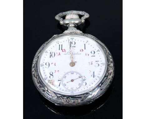 A continental silver cased open faced pocket watch by Leonidas, having signed white enamel dial, the back cover embossed with